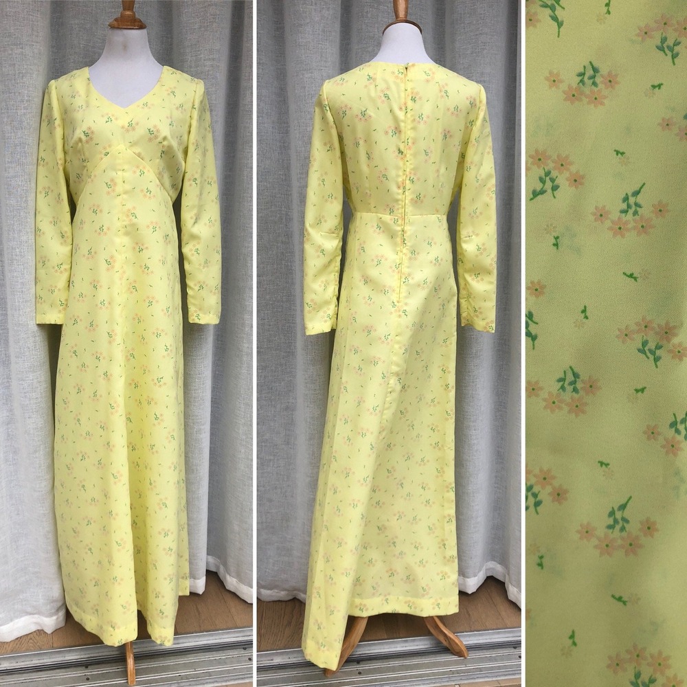 Gorgeous 1960 yellow floral maxi dress with empire waist line and long sleeves,